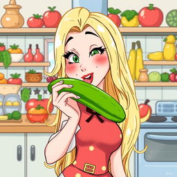 A whimsical and humorous illustration of a female figure styled similar to a pop star, with long blonde hair, playfully licking a bright green cucumber