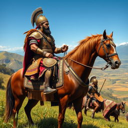 A powerful depiction of an Inca emperor on a military campaign, proudly mounted on a magnificent horse