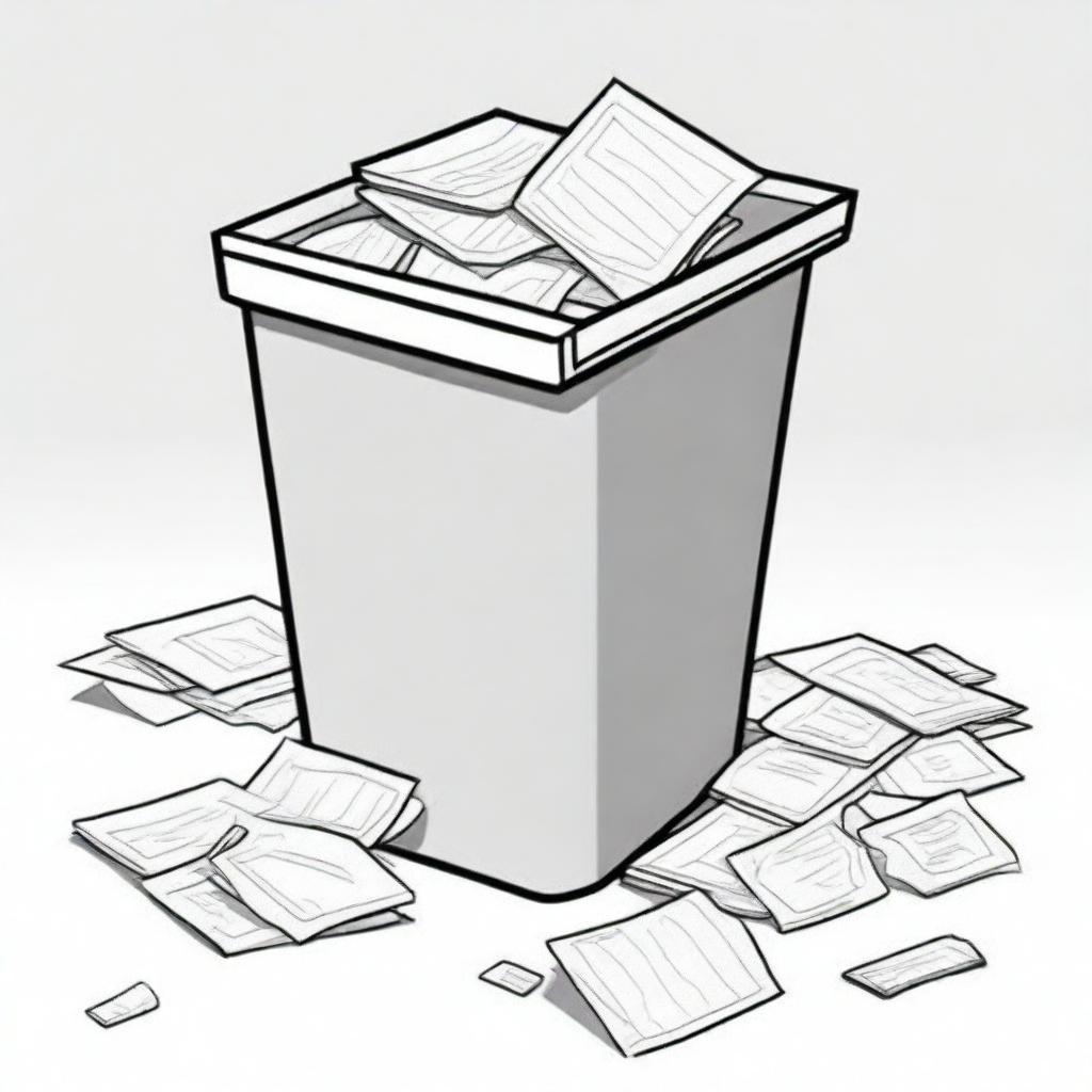 Colorful illustration of a clean trash bin with paper stored neatly inside, and a spotless surrounding floor.