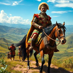 A powerful depiction of an Inca emperor on a military campaign, proudly mounted on a magnificent horse