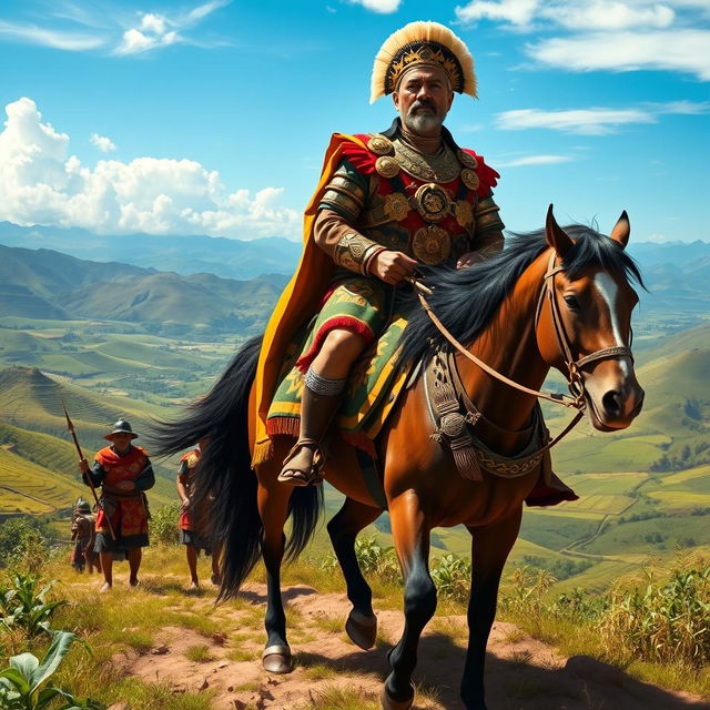 A powerful depiction of an Inca emperor on a military campaign, proudly mounted on a magnificent horse