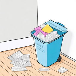 Colorful illustration of a clean trash bin with paper stored neatly inside, and a spotless surrounding floor.