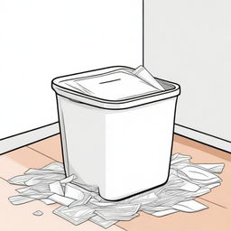 Colorful illustration of a clean trash bin with paper stored neatly inside, and a spotless surrounding floor.