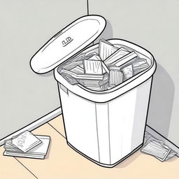 Colorful illustration of a clean trash bin with paper stored neatly inside, and a spotless surrounding floor.