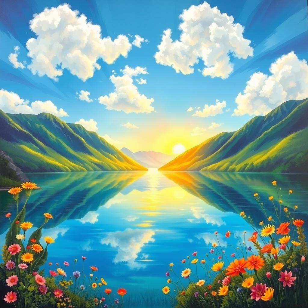 A beautiful landscape painting with vibrant colors depicting a serene lake surrounded by lush green mountains under a bright blue sky