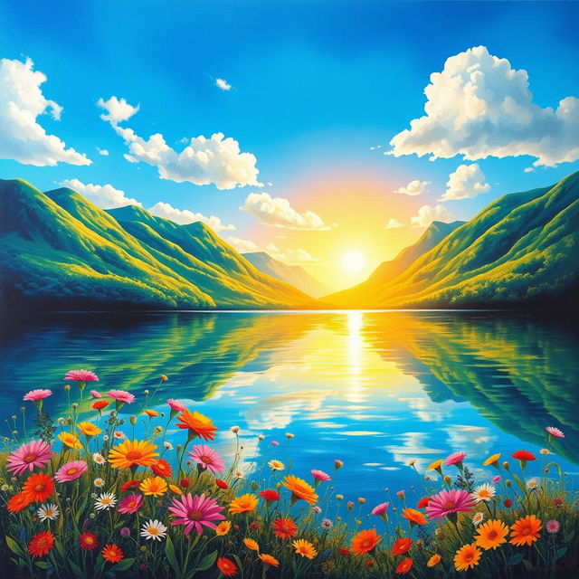 A beautiful landscape painting with vibrant colors depicting a serene lake surrounded by lush green mountains under a bright blue sky