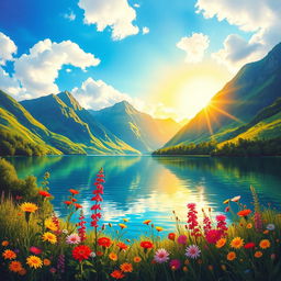 A beautiful landscape painting with vibrant colors depicting a serene lake surrounded by lush green mountains under a bright blue sky