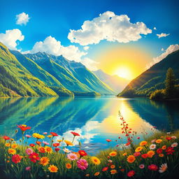 A beautiful landscape painting with vibrant colors depicting a serene lake surrounded by lush green mountains under a bright blue sky