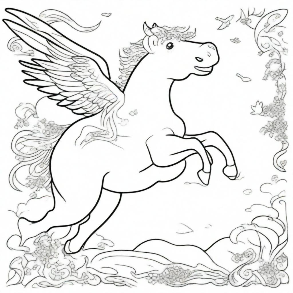 A whimsical scene of a cow bravely riding on a majestic horse with wings, soaring in the sky, to be rendered as a colouring book page