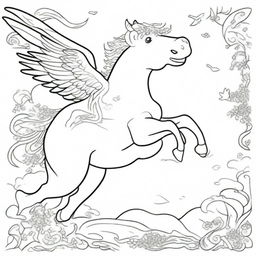 A whimsical scene of a cow bravely riding on a majestic horse with wings, soaring in the sky, to be rendered as a colouring book page