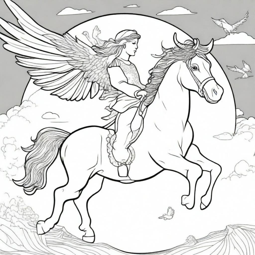 A whimsical scene of a cow bravely riding on a majestic horse with wings, soaring in the sky, to be rendered as a colouring book page