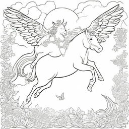 A whimsical scene of a cow bravely riding on a majestic horse with wings, soaring in the sky, to be rendered as a colouring book page