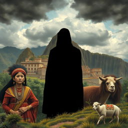 A symbolic portrait representing the impact of smallpox on the Inca Empire, creatively illustrating the disease as a shadowy figure looming over a vibrant Inca landscape
