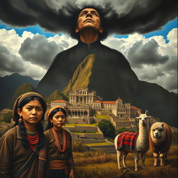 A symbolic portrait representing the impact of smallpox on the Inca Empire, creatively illustrating the disease as a shadowy figure looming over a vibrant Inca landscape