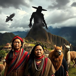 A symbolic portrait representing the impact of smallpox on the Inca Empire, creatively illustrating the disease as a shadowy figure looming over a vibrant Inca landscape