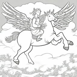 A whimsical scene of a cow bravely riding on a majestic horse with wings, soaring in the sky, to be rendered as a colouring book page