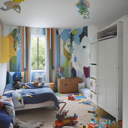 A vibrant and comfortable bedroom designed for two boys, incorporating elements of playfulness, fun, and childhood excitement.