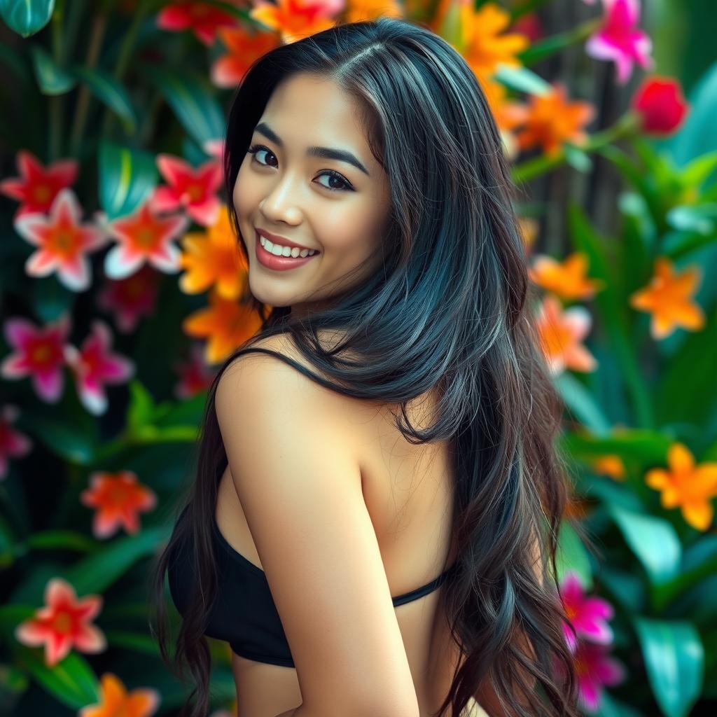 A captivating Thai woman with long, flowing hair, showcasing her alluring features