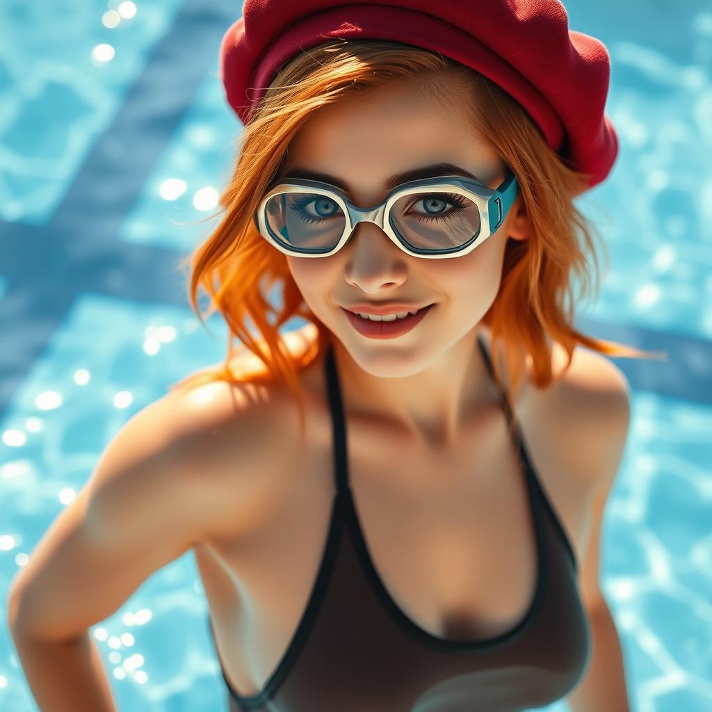 A sexy redhead girl wearing a fashionable beret and stylish swimming goggles, standing confidently right after emerging from the pool