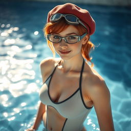 A sexy redhead girl wearing a fashionable beret and stylish swimming goggles, standing confidently right after emerging from the pool