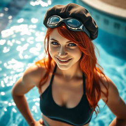 A sexy redhead girl wearing a fashionable beret and stylish swimming goggles, standing confidently right after emerging from the pool
