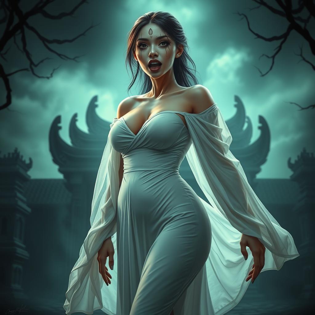 A Thai female ghost wearing a flowing white dress with large cutout scars on her face, sticking out her tongue