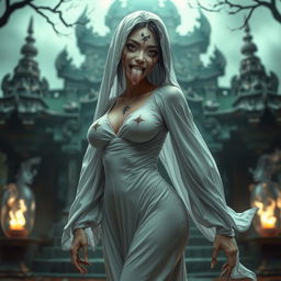 A Thai female ghost wearing a flowing white dress with large cutout scars on her face, sticking out her tongue