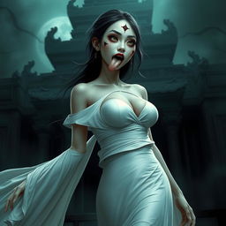 A Thai female ghost wearing a flowing white dress with large cutout scars on her face, sticking out her tongue