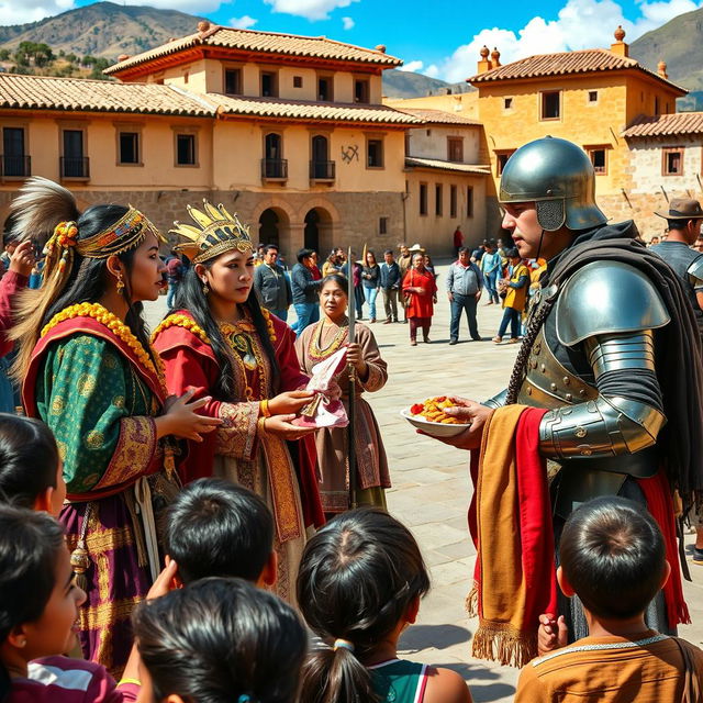 A vibrant scene depicting the encounter between Spanish conquistadors and Inca nobles during a cultural exchange