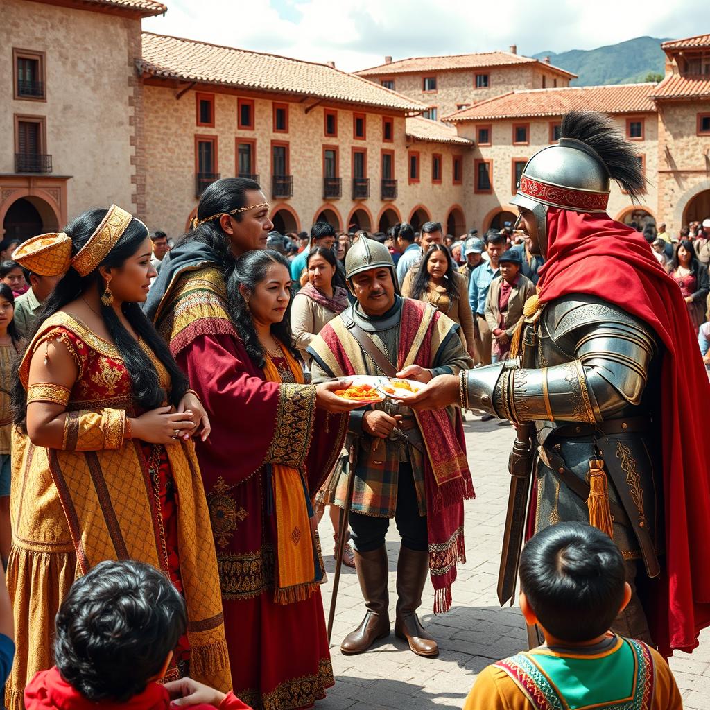 A vibrant scene depicting the encounter between Spanish conquistadors and Inca nobles during a cultural exchange