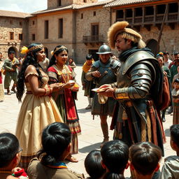 A vibrant scene depicting the encounter between Spanish conquistadors and Inca nobles during a cultural exchange