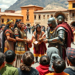 A vibrant scene depicting the encounter between Spanish conquistadors and Inca nobles during a cultural exchange