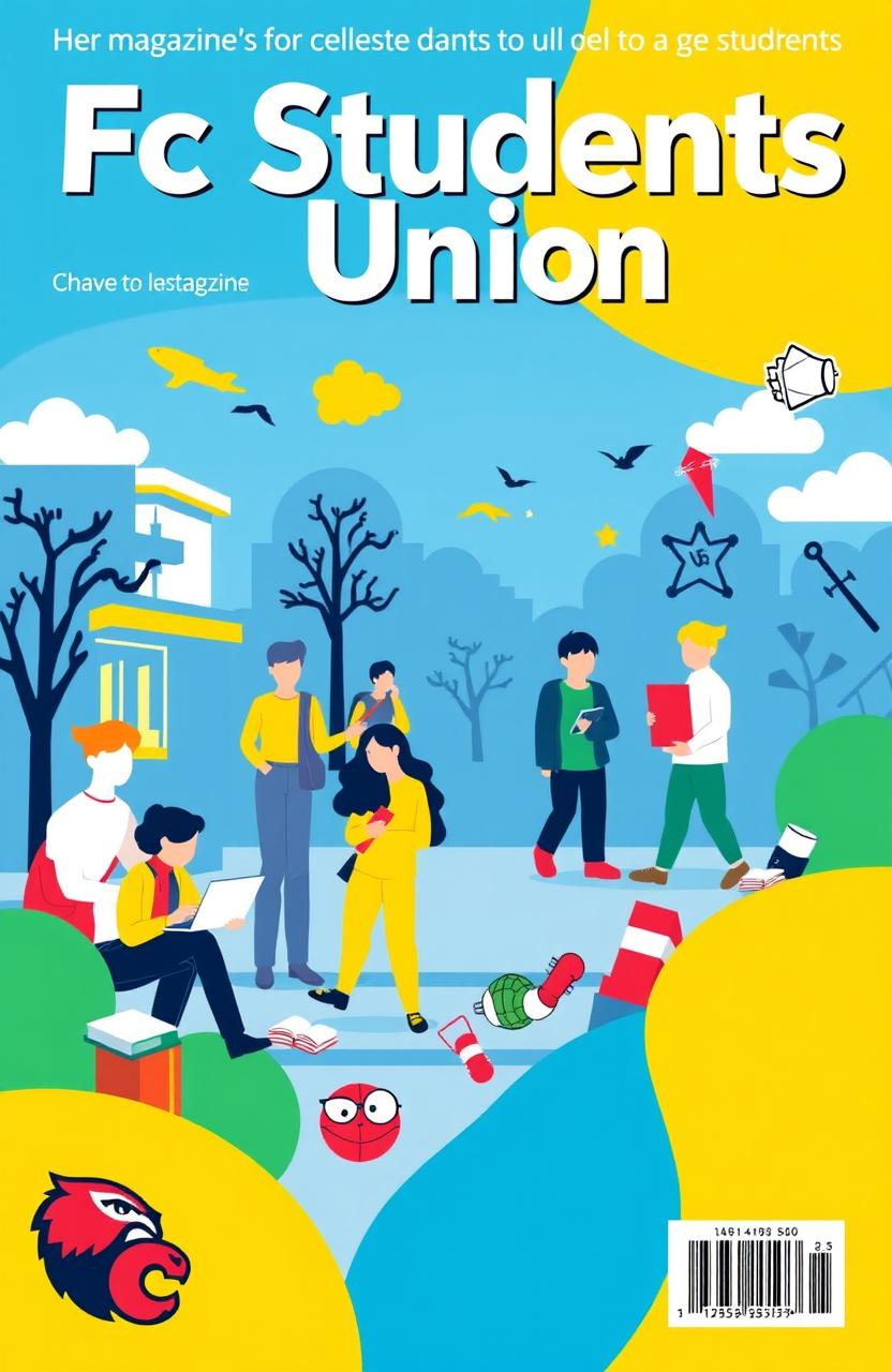 A vibrant, eye-catching cover design for a magazine dedicated to college students, featuring the theme 'Fc Students Union'
