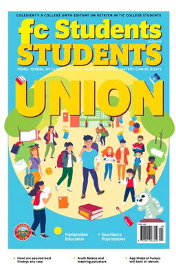 A vibrant, eye-catching cover design for a magazine dedicated to college students, featuring the theme 'Fc Students Union'