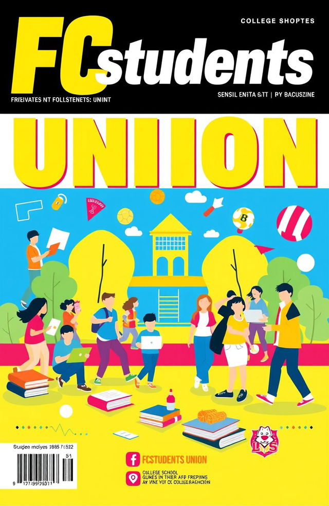 A vibrant, eye-catching cover design for a magazine dedicated to college students, featuring the theme 'Fc Students Union'