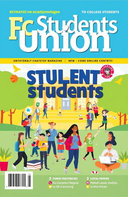 A vibrant, eye-catching cover design for a magazine dedicated to college students, featuring the theme 'Fc Students Union'