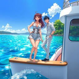 An attractive woman in a light silver vest and short leggings, exuding confidence and allure, stands on the edge of a beautifully illustrated boat