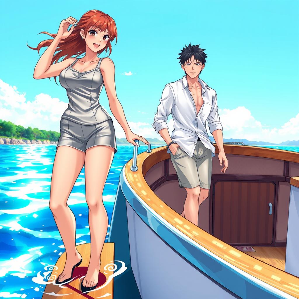 An attractive woman in a light silver vest and short leggings, exuding confidence and allure, stands on the edge of a beautifully illustrated boat