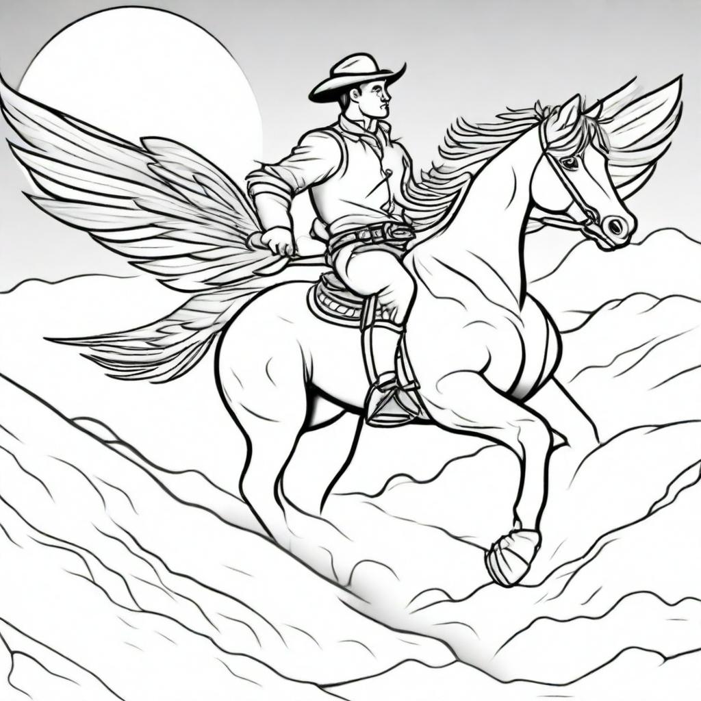 A brave cowboy astride a magnificent winged horse, flying through a southwestern sky outlined, ideally suited for a colouring book page