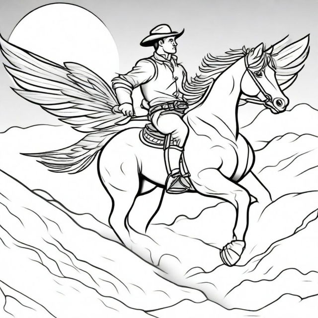 A brave cowboy astride a magnificent winged horse, flying through a southwestern sky outlined, ideally suited for a colouring book page