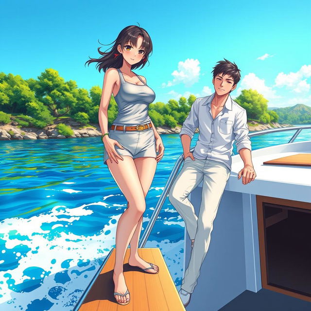 An attractive woman in a light silver vest and short leggings, exuding confidence and allure, stands on the edge of a beautifully illustrated boat