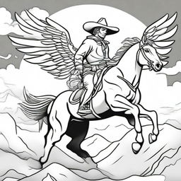 A brave cowboy astride a magnificent winged horse, flying through a southwestern sky outlined, ideally suited for a colouring book page