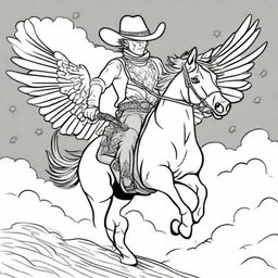 A brave cowboy astride a magnificent winged horse, flying through a southwestern sky outlined, ideally suited for a colouring book page