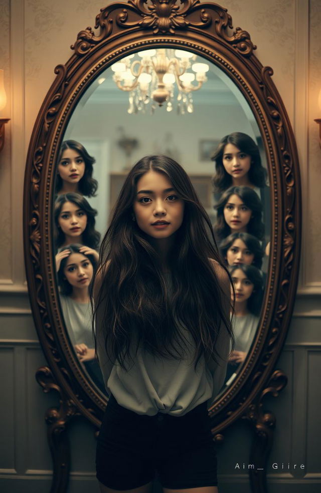 A young woman standing in front of a large, ornate mirror, showcasing various emotions in her reflection