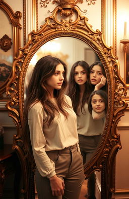 A young woman standing in front of a large, ornate mirror, showcasing various emotions in her reflection