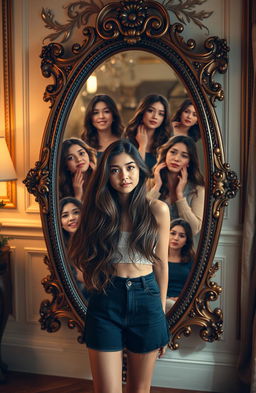 A young woman standing in front of a large, ornate mirror, showcasing various emotions in her reflection