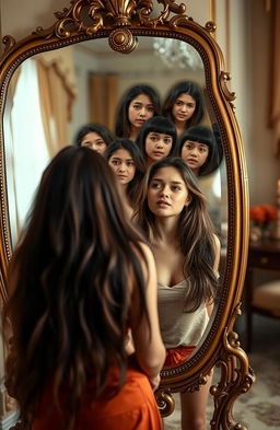 A young woman standing in front of a large, ornate mirror, showcasing various emotions in her reflection