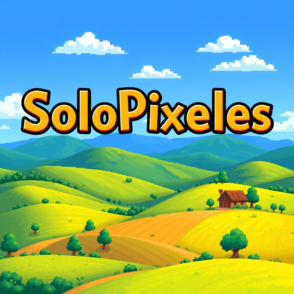 A logo featuring the word 'SoloPixeles' prominently displayed in a whimsical, retro font, inspired by the art style of Stardew Valley