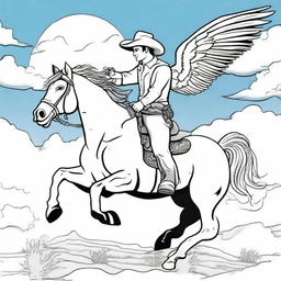 A brave cowboy astride a magnificent winged horse, flying through a southwestern sky outlined, ideally suited for a colouring book page