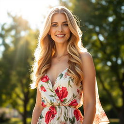 A stunning 35-year-old woman with long, blonde hair and fair skin, standing confidently in an elegant outdoor setting